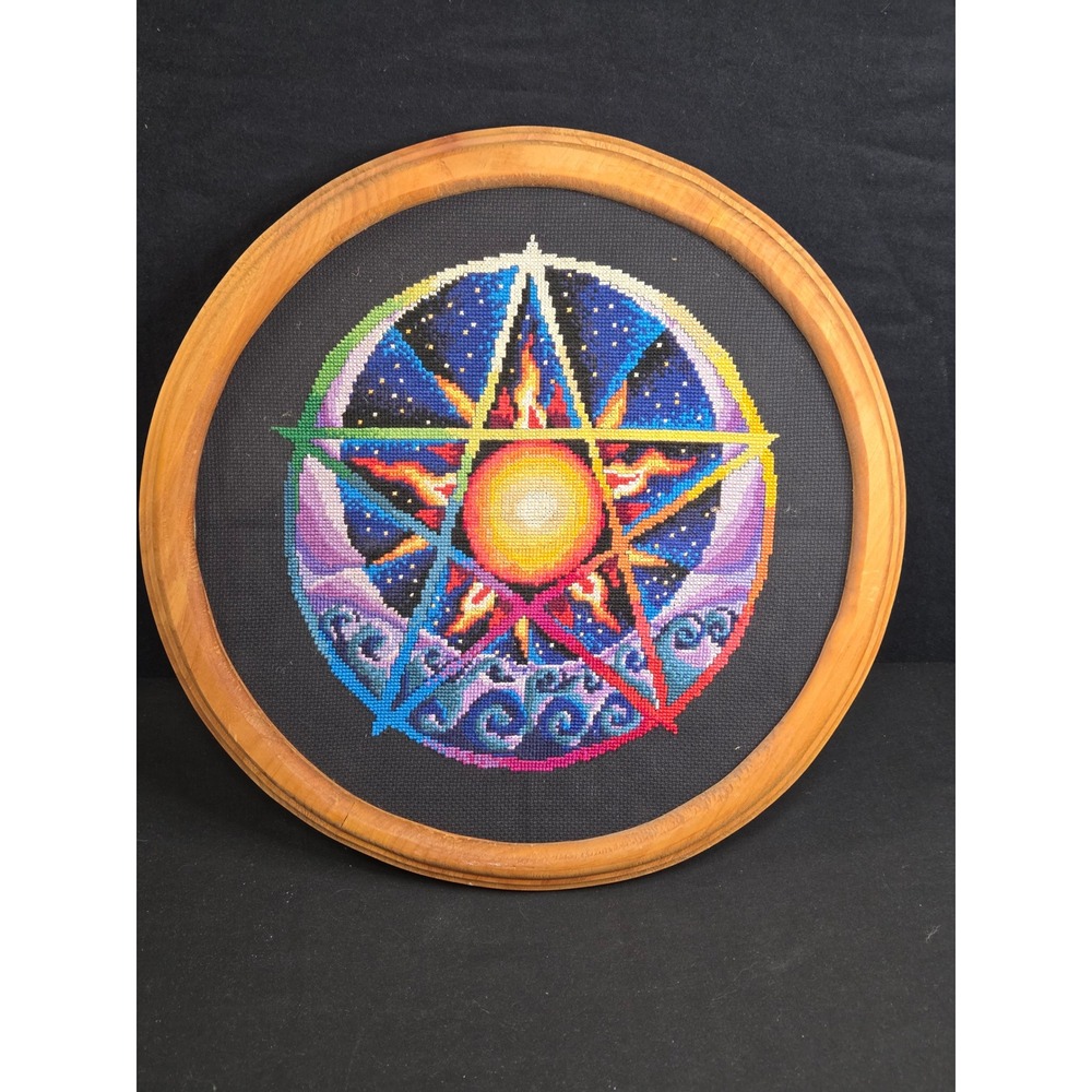 Handmade Celestial Pentagram Cross Stitch Wall Art Framed Sun Moon 12.5in
